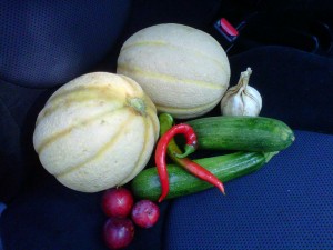 July fruits - cantaloupe, zucch, plums, garlic, peppers
