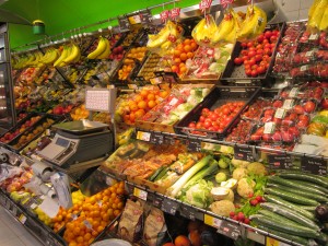 In Vienna, Austria, even a tiny grocery store sells lots of healthy produce!