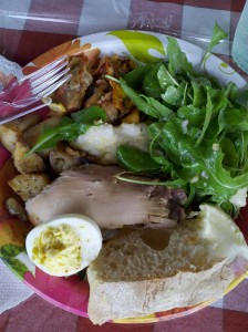 My delicious lunch plate at a local farm included local arugula salad, egg, potatoes, chicken.