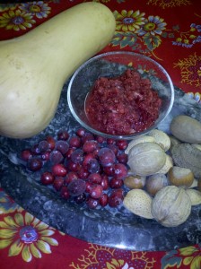 Holiday foods - butternut squash, cranberries, mixed nuts in shell
